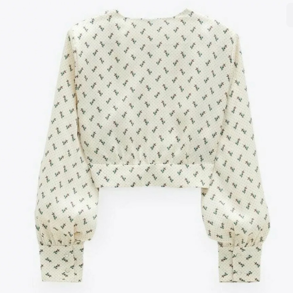 Zara Green Cream Fitted Button Down Crop Top - Picture 10 of 10